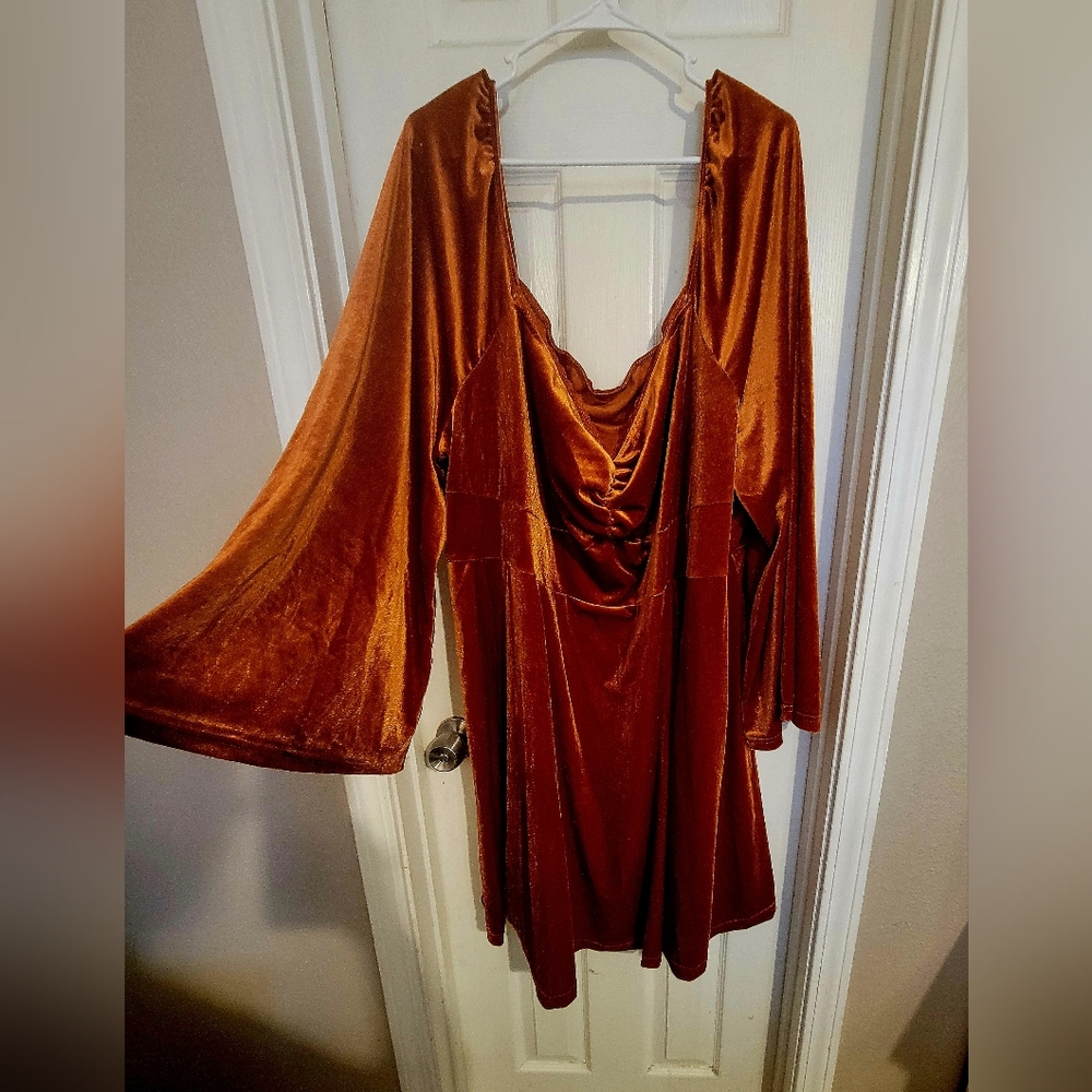Rust Orange Velvet Dress with Bell Sleeves
